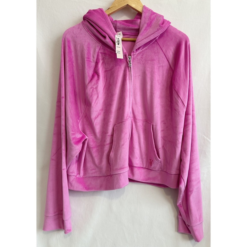 Victoria's Secret Jacket Velour Full Zip Hoodie Women XXL Semi Crop Top Pink